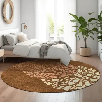 8' Chili Red And Ivory Abstract Washable Round Rug With UV Protection