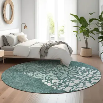 8' Teal And Ivory Abstract Washable Round Rug With UV Protection