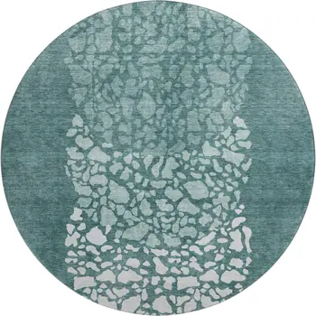 8' Teal And Ivory Abstract Washable Round Rug With UV Protection