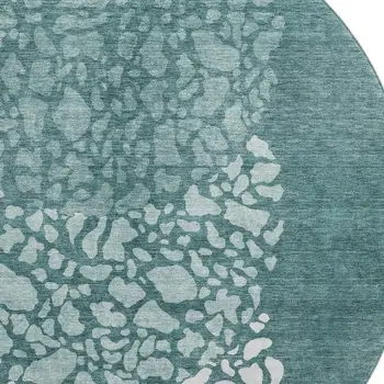 8' Teal And Ivory Abstract Washable Round Rug With UV Protection