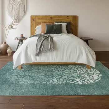 8' X 10' Teal And Ivory Abstract Washable Area Rug With UV Protection