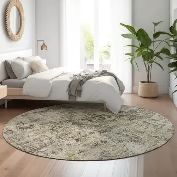 8' Taupe Beige And Gray Abstract Washable Round Rug With UV Protection