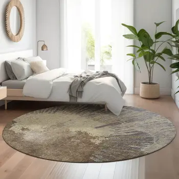 8' Brown Beige And Gray Abstract Washable Round Rug With UV Protection