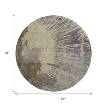 8' Brown Beige And Gray Abstract Washable Round Rug With UV Protection