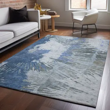 3' X 5' Blue Ivory And Gray Abstract Washable Area Rug With UV Protection