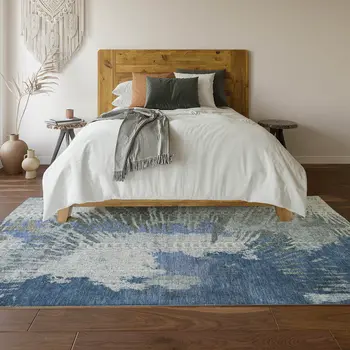 3' X 5' Blue Ivory And Gray Abstract Washable Area Rug With UV Protection