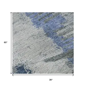 3' X 5' Blue Ivory And Gray Abstract Washable Area Rug With UV Protection