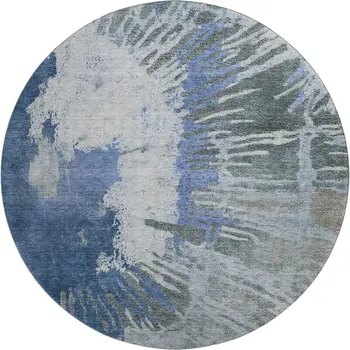 8' Blue Ivory And Gray Abstract Washable Round Rug With UV Protection