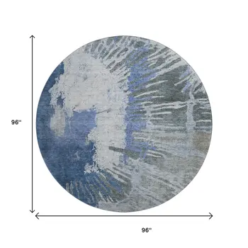 8' Blue Ivory And Gray Abstract Washable Round Rug With UV Protection