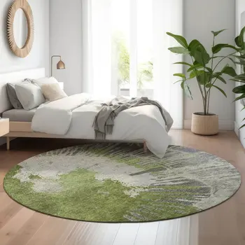 8' Olive Green Ivory And Gray Abstract Washable Round Rug With UV Protection