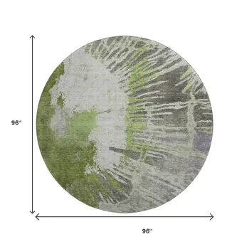 8' Olive Green Ivory And Gray Abstract Washable Round Rug With UV Protection