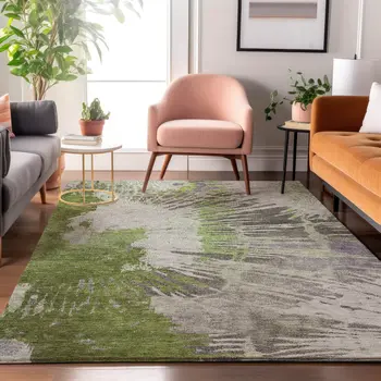 8' X 10' Olive Green Ivory And Gray Abstract Washable Area Rug With UV Protection