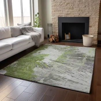 8' X 10' Olive Green Ivory And Gray Abstract Washable Area Rug With UV Protection