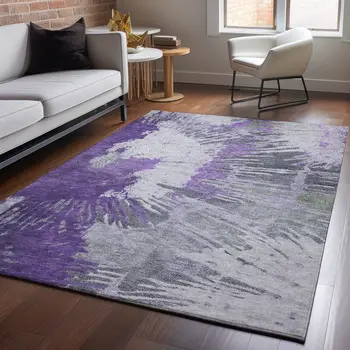 3' X 5' Purple Ivory And Gray Abstract Washable Area Rug With UV Protection