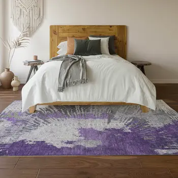 3' X 5' Purple Ivory And Gray Abstract Washable Area Rug With UV Protection