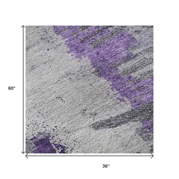 3' X 5' Purple Ivory And Gray Abstract Washable Area Rug With UV Protection