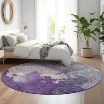 8' Purple Ivory And Gray Abstract Washable Round Rug With UV Protection