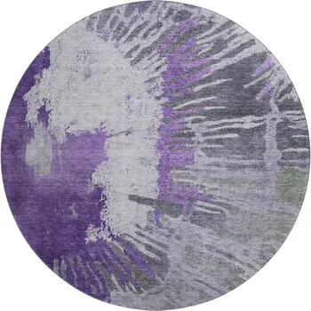 8' Purple Ivory And Gray Abstract Washable Round Rug With UV Protection