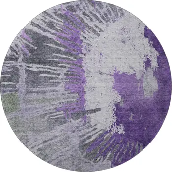 8' Purple Ivory And Gray Abstract Washable Round Rug With UV Protection