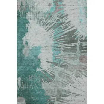 3' X 5' Teal Ivory And Gray Abstract Washable Area Rug With UV Protection