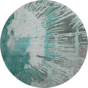 8' Teal Ivory And Gray Abstract Washable Round Rug With UV Protection