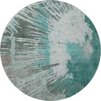 8' Teal Ivory And Gray Abstract Washable Round Rug With UV Protection