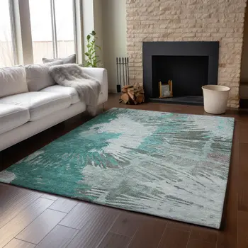 9' X 12' Teal Ivory And Gray Abstract Washable Area Rug With UV Protection