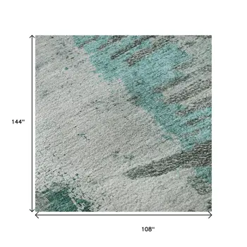 9' X 12' Teal Ivory And Gray Abstract Washable Area Rug With UV Protection