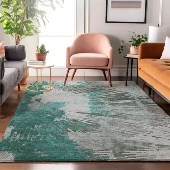 10' X 14' Teal Ivory And Gray Abstract Washable Area Rug With UV Protection