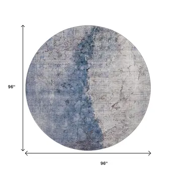 8' Blue Ivory And Gray Abstract Washable Round Rug With UV Protection