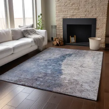 9' X 12' Blue Ivory And Gray Abstract Washable Area Rug With UV Protection