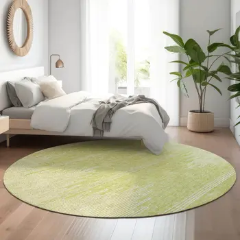 8' Artichoke Green And Ivory Abstract Washable Round Rug With UV Protection