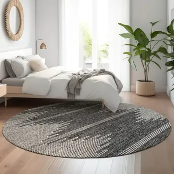 8' Charcoal And Ivory Abstract Washable Round Rug With UV Protection