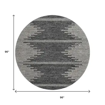 8' Charcoal And Ivory Abstract Washable Round Rug With UV Protection