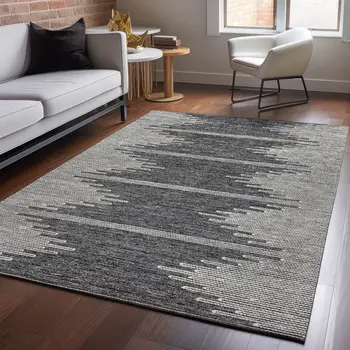 8' X 10' Charcoal And Ivory Abstract Washable Area Rug With UV Protection