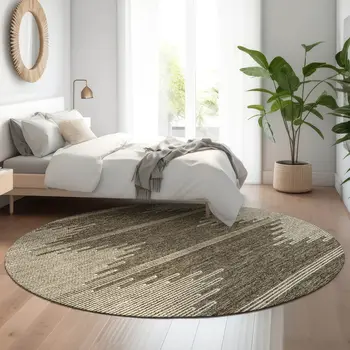 8' Coffee And Ivory Abstract Washable Round Rug With UV Protection