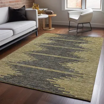 10' X 14' Graphite And Gold Abstract Washable Area Rug With UV Protection