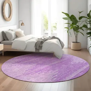 8' Lavender And Ivory Abstract Washable Round Rug With UV Protection