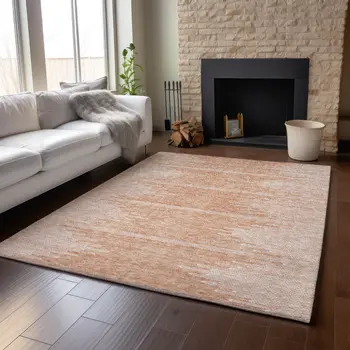 5' X 8' Salmon And Ivory Abstract Washable Area Rug With UV Protection