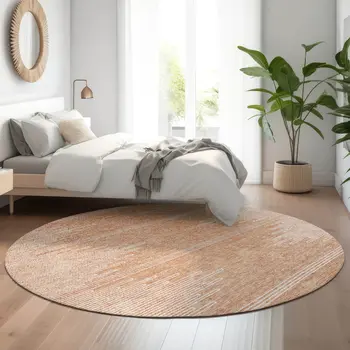 8' Salmon And Ivory Abstract Washable Round Rug With UV Protection