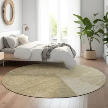 8' Beige And Ivory Geometric Washable Round Rug With UV Protection