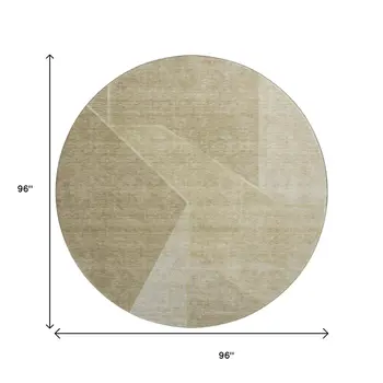 8' Beige And Ivory Geometric Washable Round Rug With UV Protection