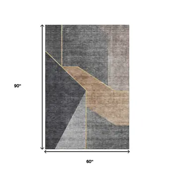 5' X 8' Charcoal Gold And Brown Geometric Washable Area Rug With UV Protection