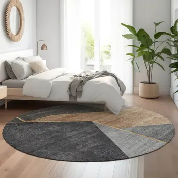 8' Charcoal Gold And Brown Geometric Washable Round Rug With UV Protection