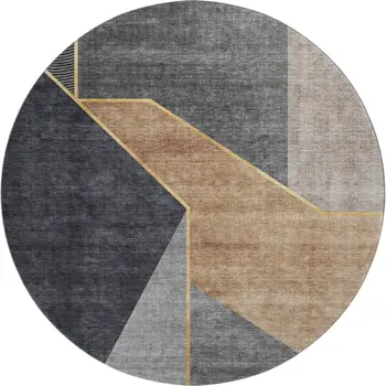 8' Charcoal Gold And Brown Geometric Washable Round Rug With UV Protection