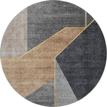 8' Charcoal Gold And Brown Geometric Washable Round Rug With UV Protection