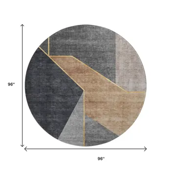 8' Charcoal Gold And Brown Geometric Washable Round Rug With UV Protection