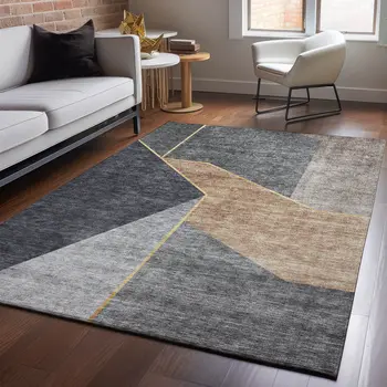 8' X 10' Charcoal Gold And Brown Geometric Washable Area Rug With UV Protection