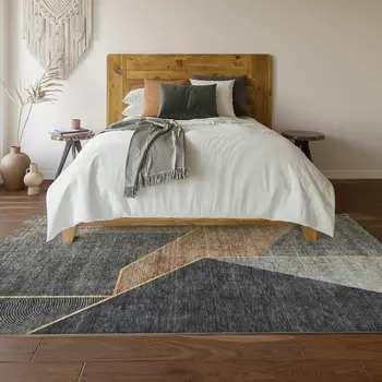 8' X 10' Charcoal Gold And Brown Geometric Washable Area Rug With UV Protection