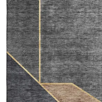 8' X 10' Charcoal Gold And Brown Geometric Washable Area Rug With UV Protection
